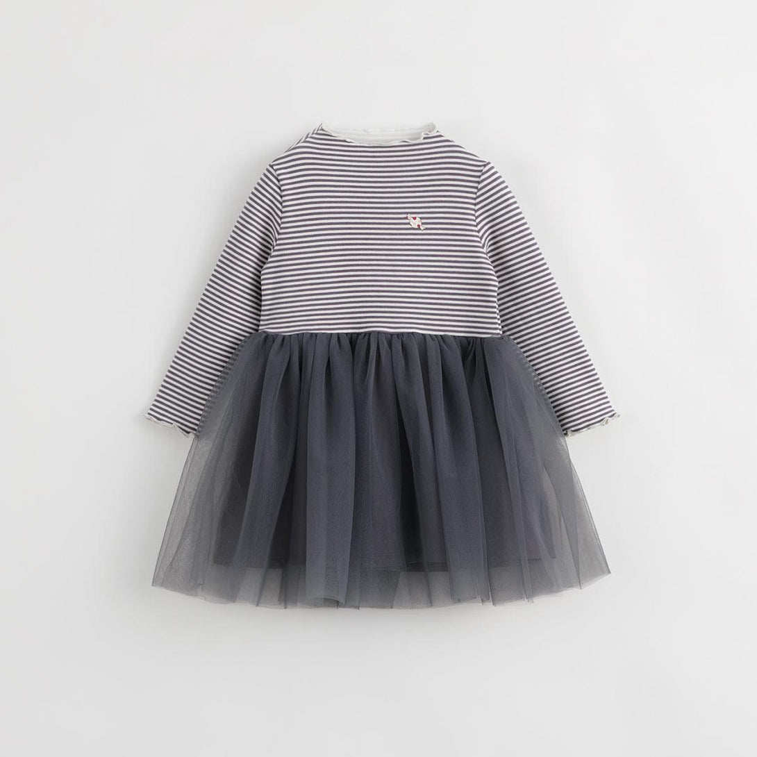 MARC&JANIE Girls Half High Neck Striped Mesh Dress for Autumn & Winter 231386 (Pre-ordered until September 14th and will be shipped later) - MARC&JANIE