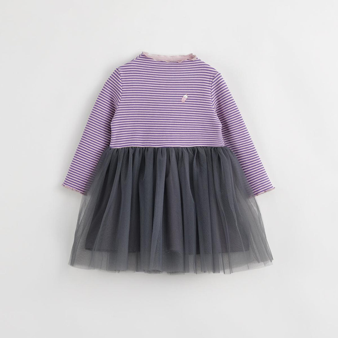 MARC&JANIE Girls Half High Neck Striped Mesh Dress for Autumn & Winter 231386 (Pre-ordered until September 14th and will be shipped later) - MARC&JANIE