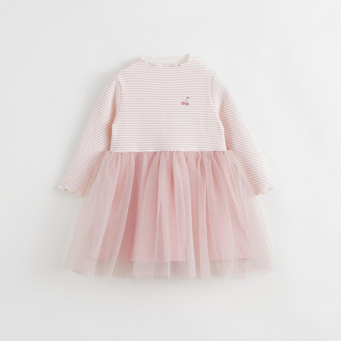 MARC&JANIE Girls Half High Neck Striped Mesh Dress for Autumn & Winter 231386 (Pre-ordered until September 14th and will be shipped later) - MARC&JANIE