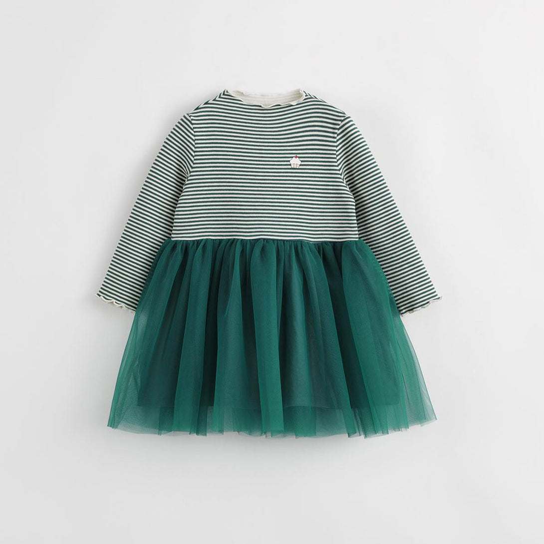 MARC&JANIE Girls Half High Neck Striped Mesh Dress for Autumn & Winter 231386 (Pre-ordered until September 14th and will be shipped later) - MARC&JANIE