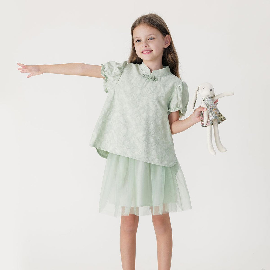 Girls Qipao Jacquard Short Sleeve Tulle Skirt Set 240835 - MARC&JANIE