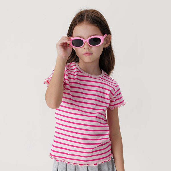 Girls Stretch Knit Wavy Trim Striped Short Sleeve T-Shirt 240721 - MARC&JANIE