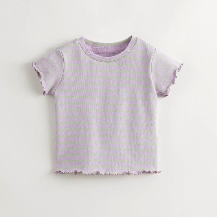 Girls Stretch Knit Wavy Trim Striped Short Sleeve T-Shirt 240721 - MARC&JANIE