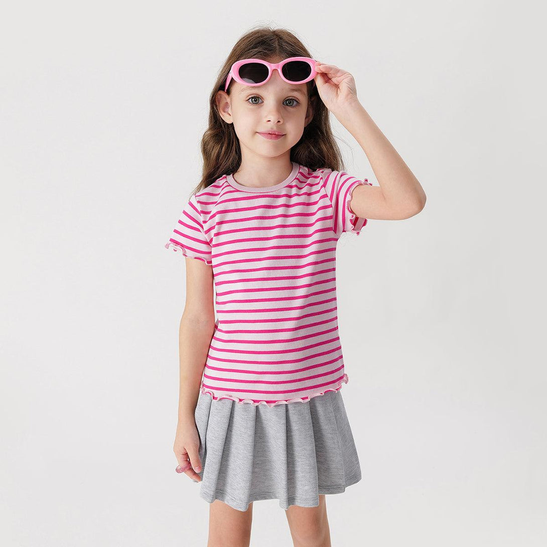 Girls Stretch Knit Wavy Trim Striped Short Sleeve T-Shirt 240721 - MARC&JANIE