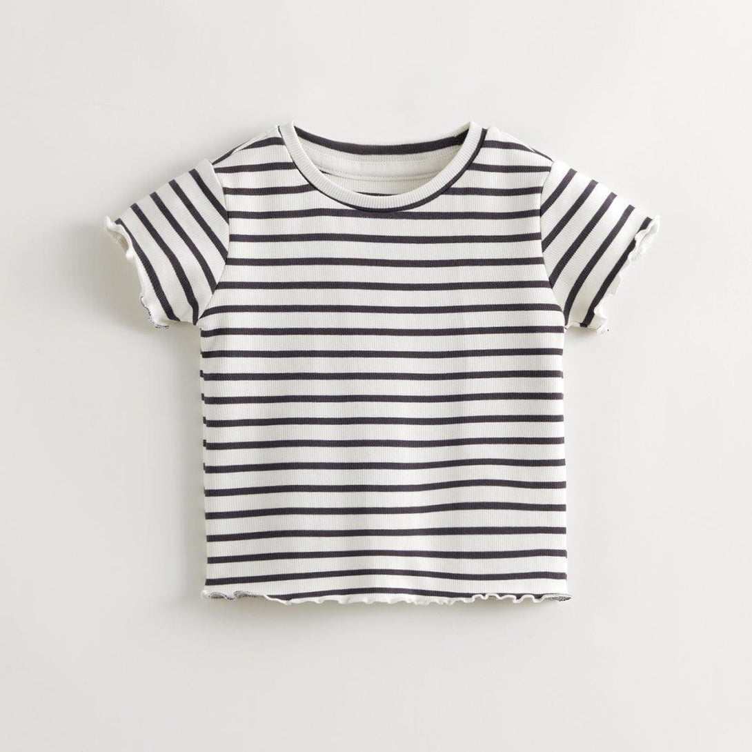 Girls Stretch Knit Wavy Trim Striped Short Sleeve T-Shirt 240721 - MARC&JANIE