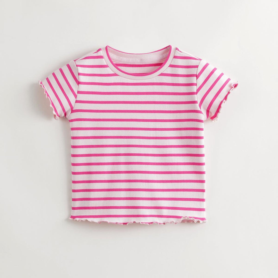 Girls Stretch Knit Wavy Trim Striped Short Sleeve T-Shirt 240721 - MARC&JANIE