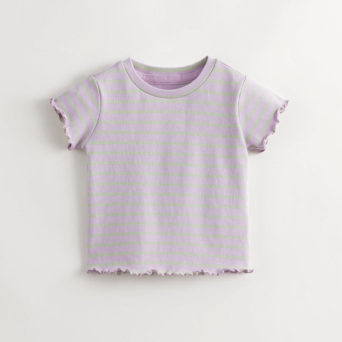 Girls Stretch Knit Wavy Trim Striped Short Sleeve T-Shirt 240721 - MARC&JANIE