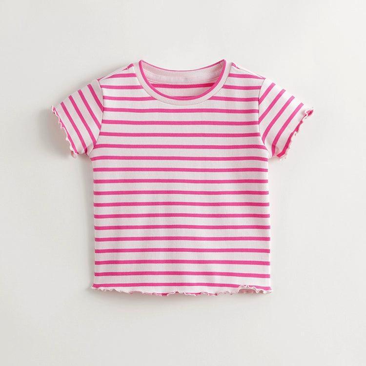 Girls Stretch Knit Wavy Trim Striped Short Sleeve T-Shirt 240721 - MARC&JANIE