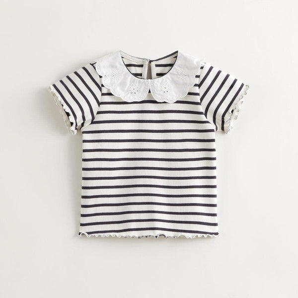 MARC&JANIE Girls Sweet Doll Collar Striped Short Sleeve T-shirt Children's Cotton Top for Summer 240733 - MARC&JANIE