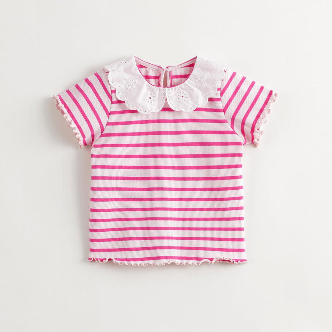 MARC&JANIE Girls Sweet Doll Collar Striped Short Sleeve T-shirt Children's Cotton Top for Summer 240733 - MARC&JANIE