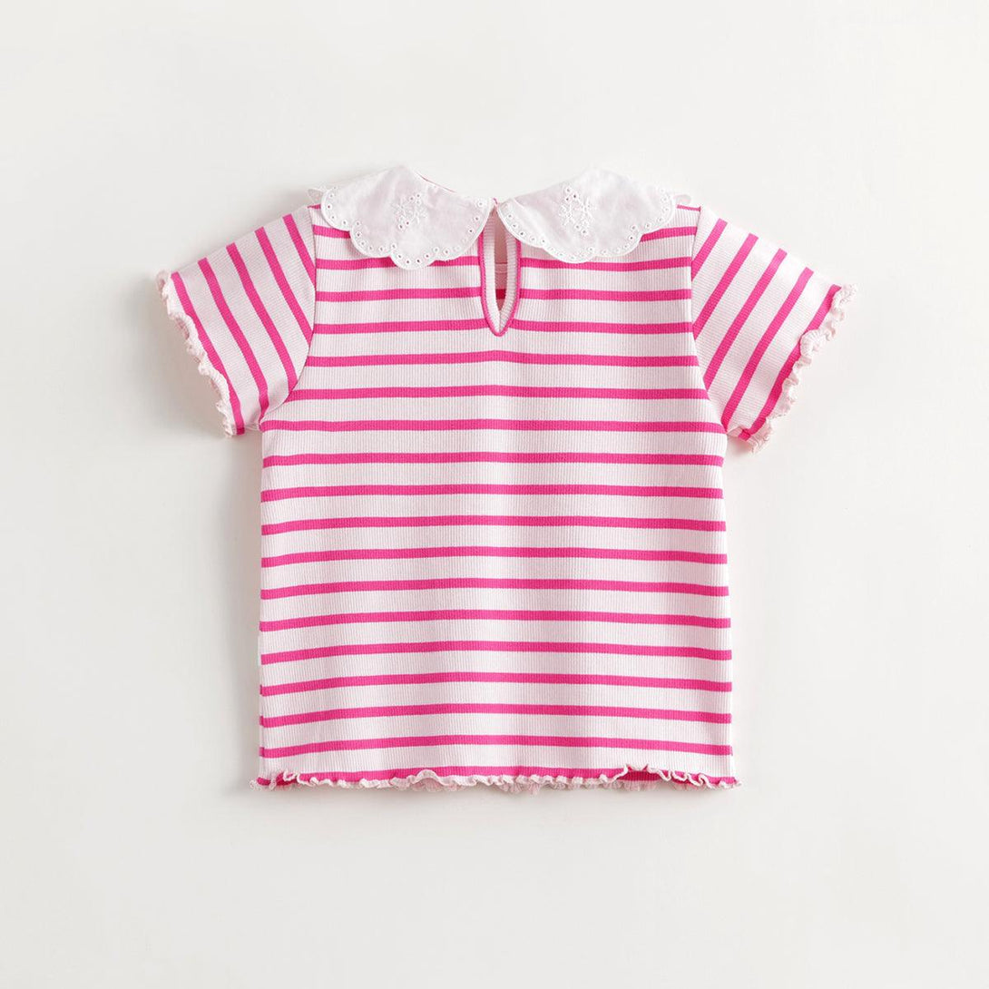 MARC&JANIE Girls Sweet Doll Collar Striped Short Sleeve T-shirt Children's Cotton Top for Summer 240733 - MARC&JANIE