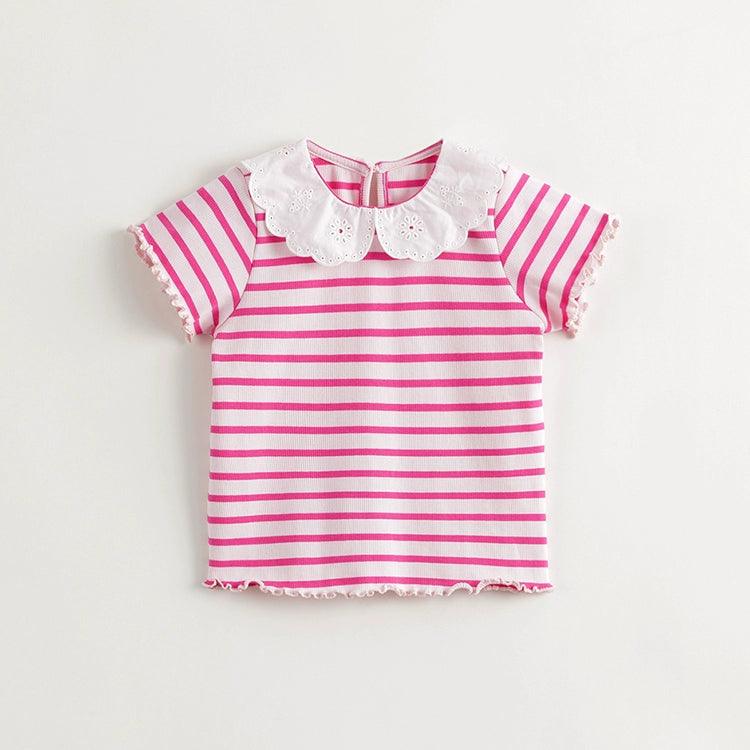 MARC&JANIE Girls Sweet Doll Collar Striped Short Sleeve T-shirt Children's Cotton Top for Summer 240733 - MARC&JANIE