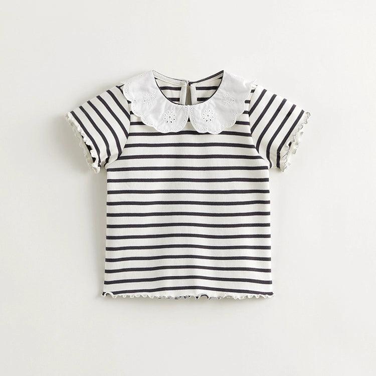 MARC&JANIE Girls Sweet Doll Collar Striped Short Sleeve T-shirt Children's Cotton Top for Summer 240733 - MARC&JANIE